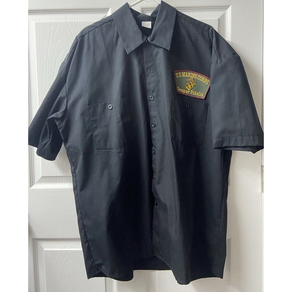 Work Shirt With Military Patches Men XL Black Button Front Pockets Short Sleeved